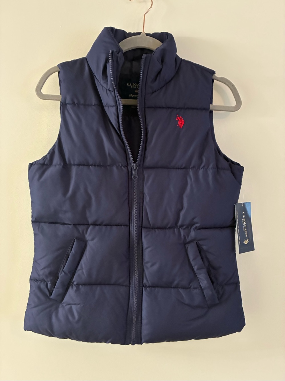 U.S. Polo Assn. Women’s Navy Puffer Vest with Red Logo